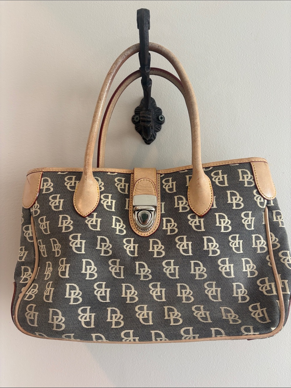 Dooney & Bourke Signature Monogram Push Lock Janine Satchel Bag + Dust Bag